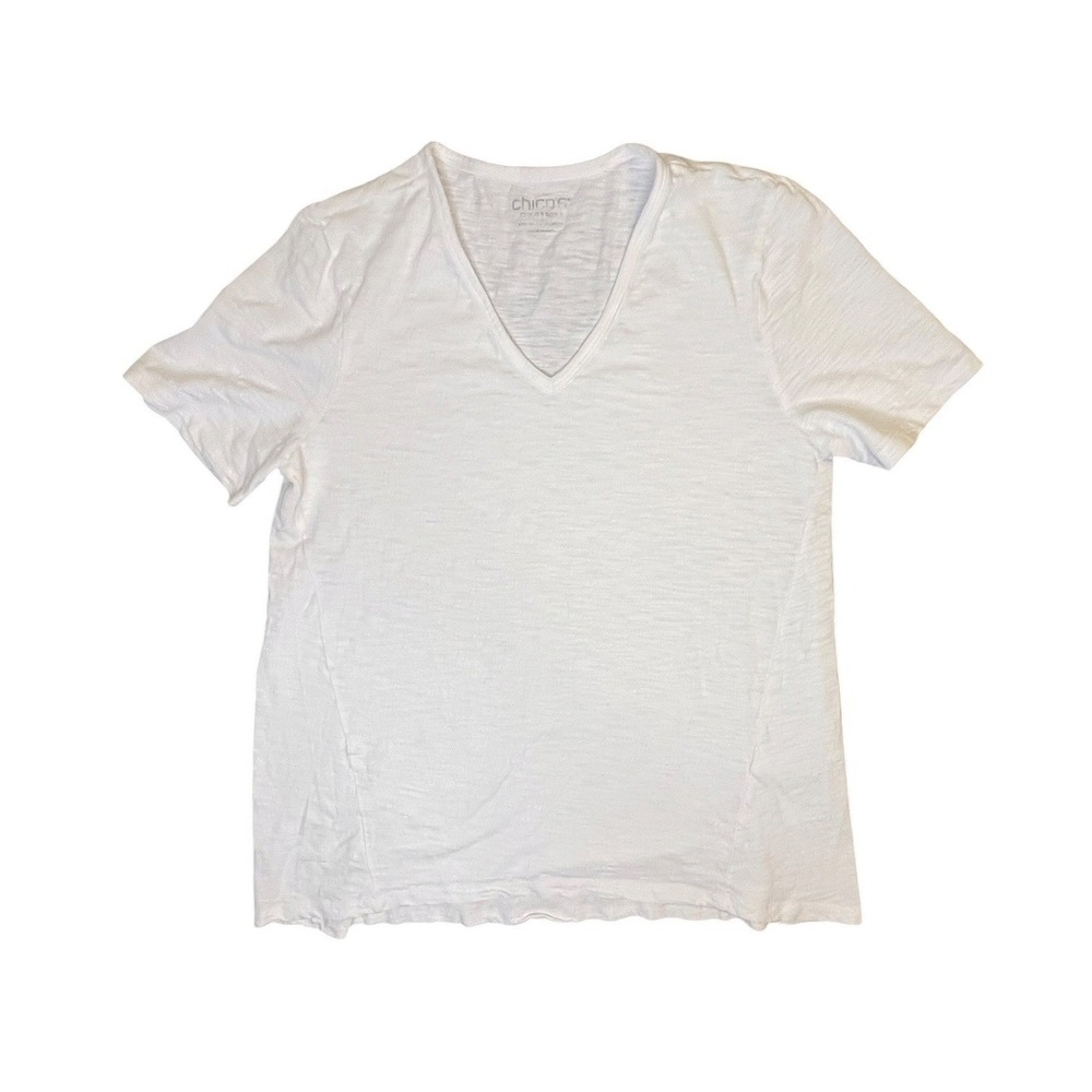 Chicos V-Neck T-Shirt Womens Size 2 L White Cotton Modal Slub Knit Casual Basic